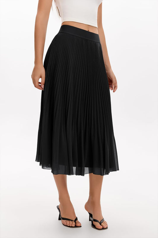 QINSEN Women's Elegant Flowy Pleated Chiffon Skirts Summer A-line Swing Midi Skirts Casual Elastic Waist Soft Lining