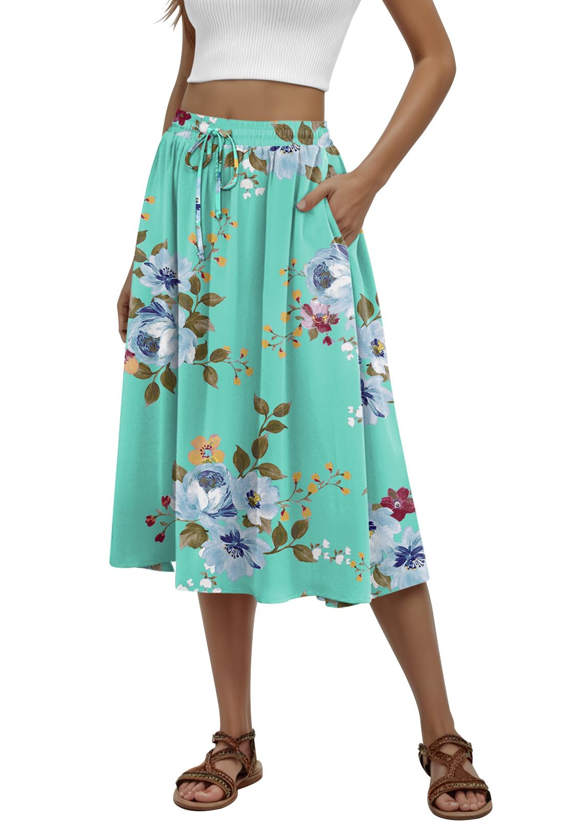 MLXSJ Women's Midi Skirt Summer Pleated Flowy Skirts with Pockets S-3XL