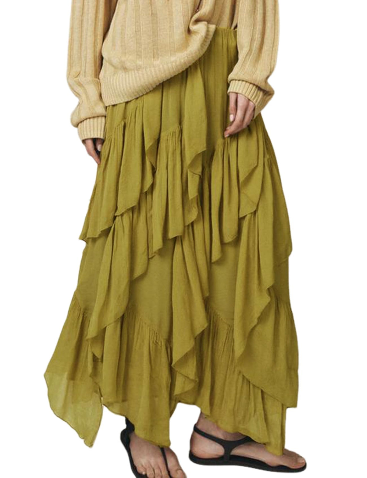 Women's Ruffle Maxi Skirt Long Flowy Layered Skirts Tiered Trendy Skirt