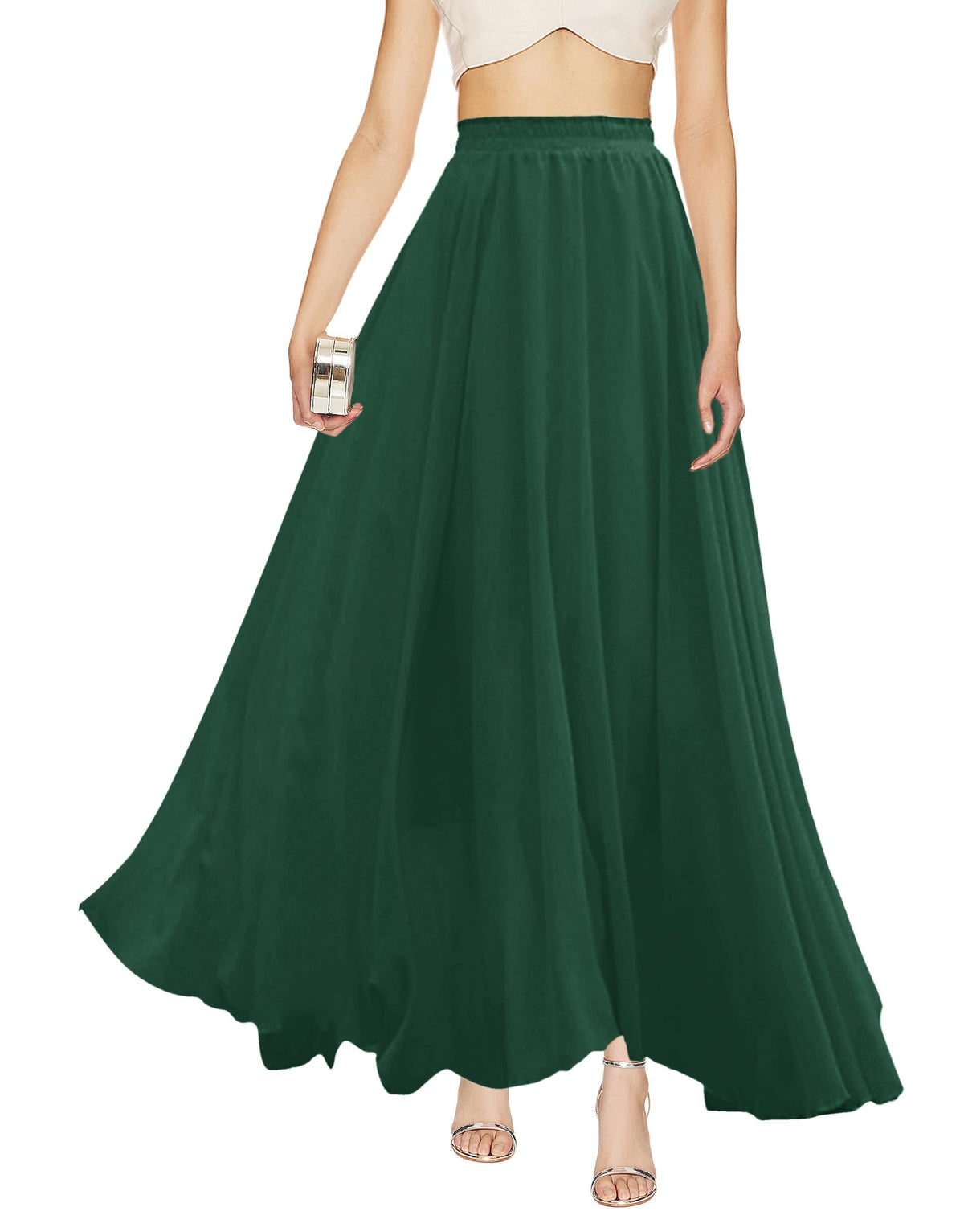 v28 Women Full/Ankle Length Elastic Pleated Retro Maxi Chiffon Long Skirt