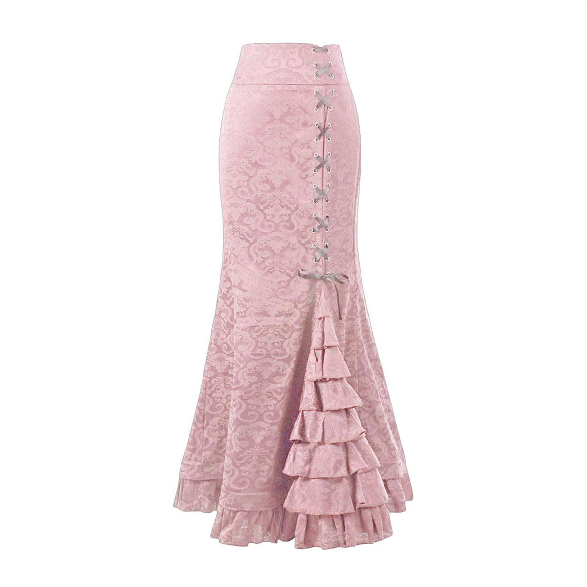 Women Goth Renaissance Mermaid Long Maxi Skirt - Lace-up Ruffled Floral Vintage Style, Club Disco Ball
