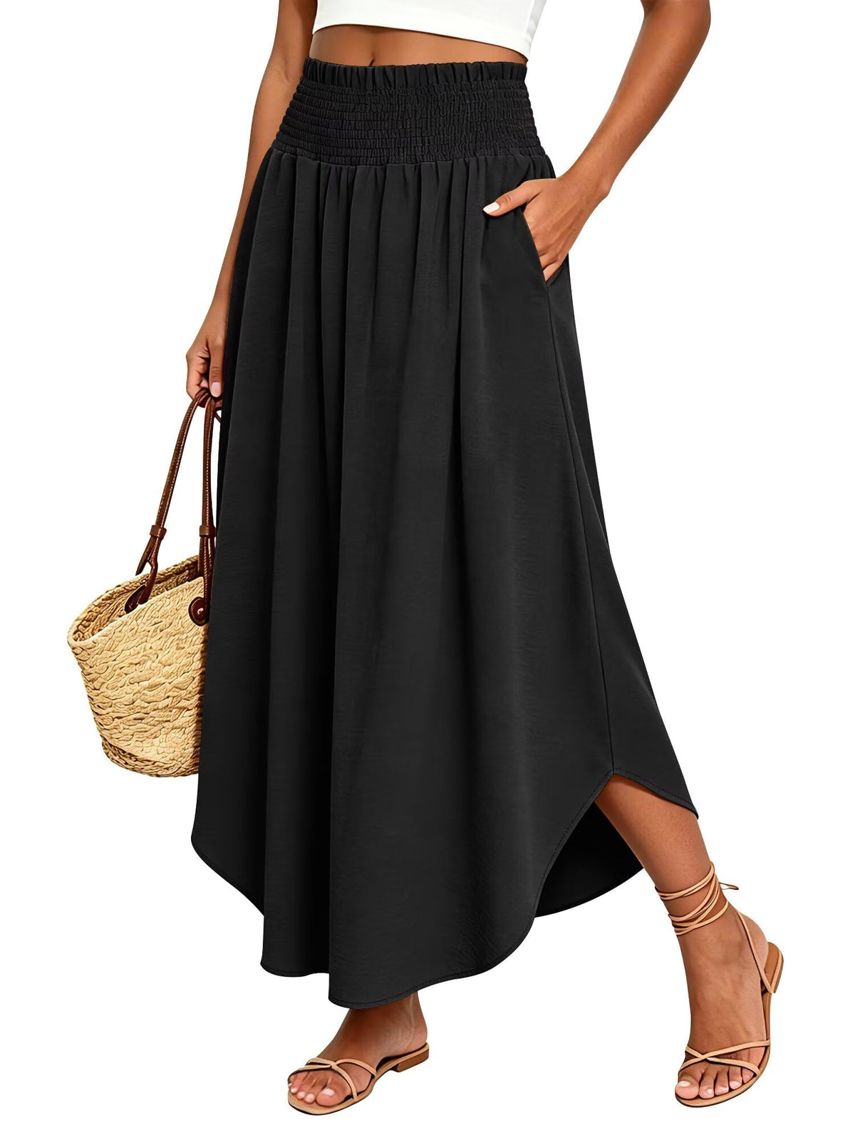 StunShow Women's Maxi Skirts Boho High Waisted Flowy A Line Pleated Beach Long Skirt with Pockets(S-XXL)