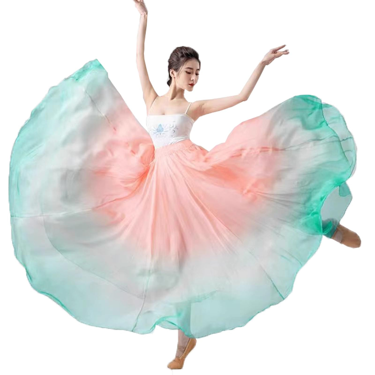 Women's Lyrical Dance Skirt Gradient Color Chiffon Long Swing Sheer Wrap Skirts for Modern Ballet Performance