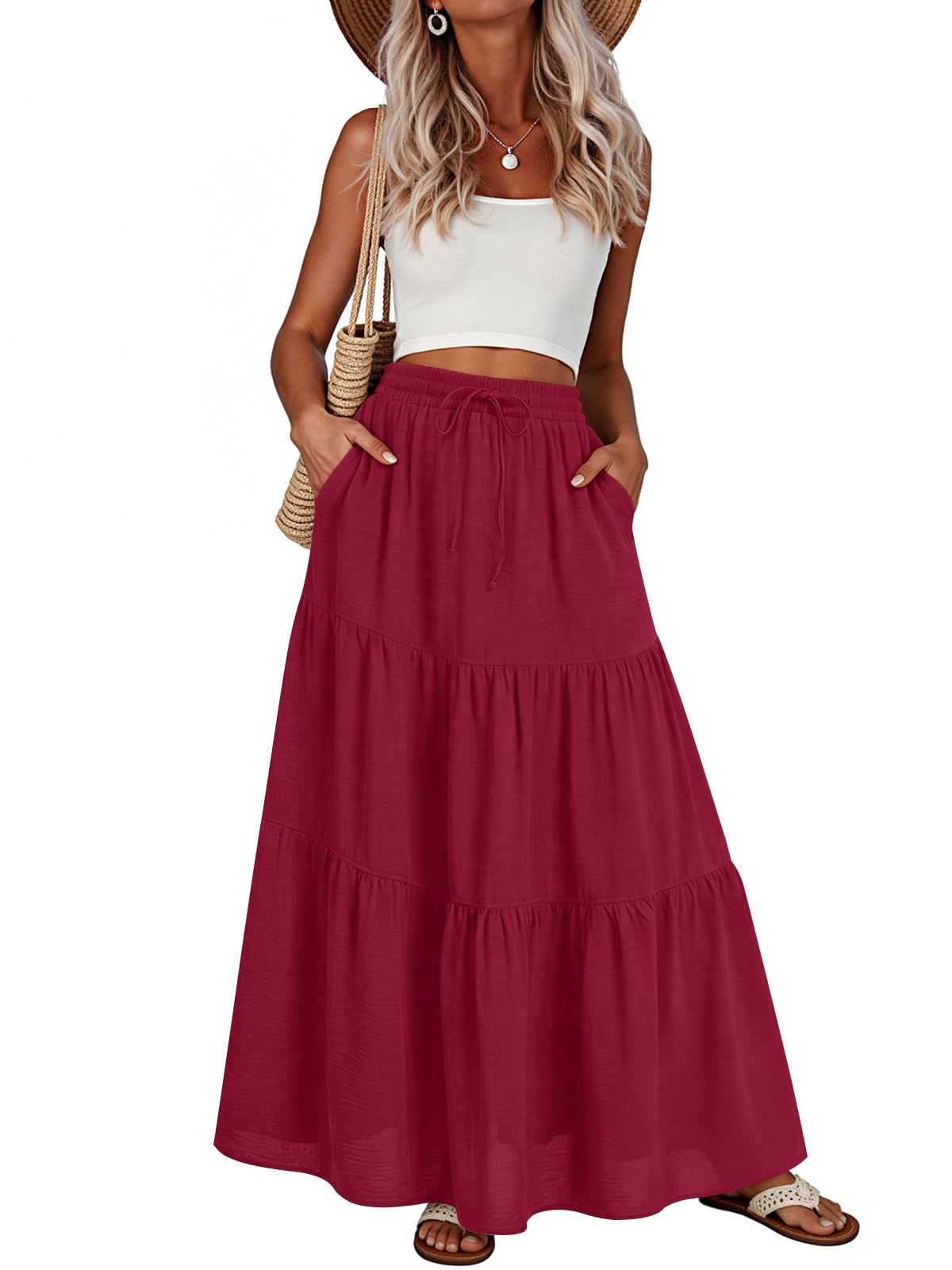 Addtoo Womens Maxi Skirt Pleated Tiered A-Line Elastic Waist Midi Skirt