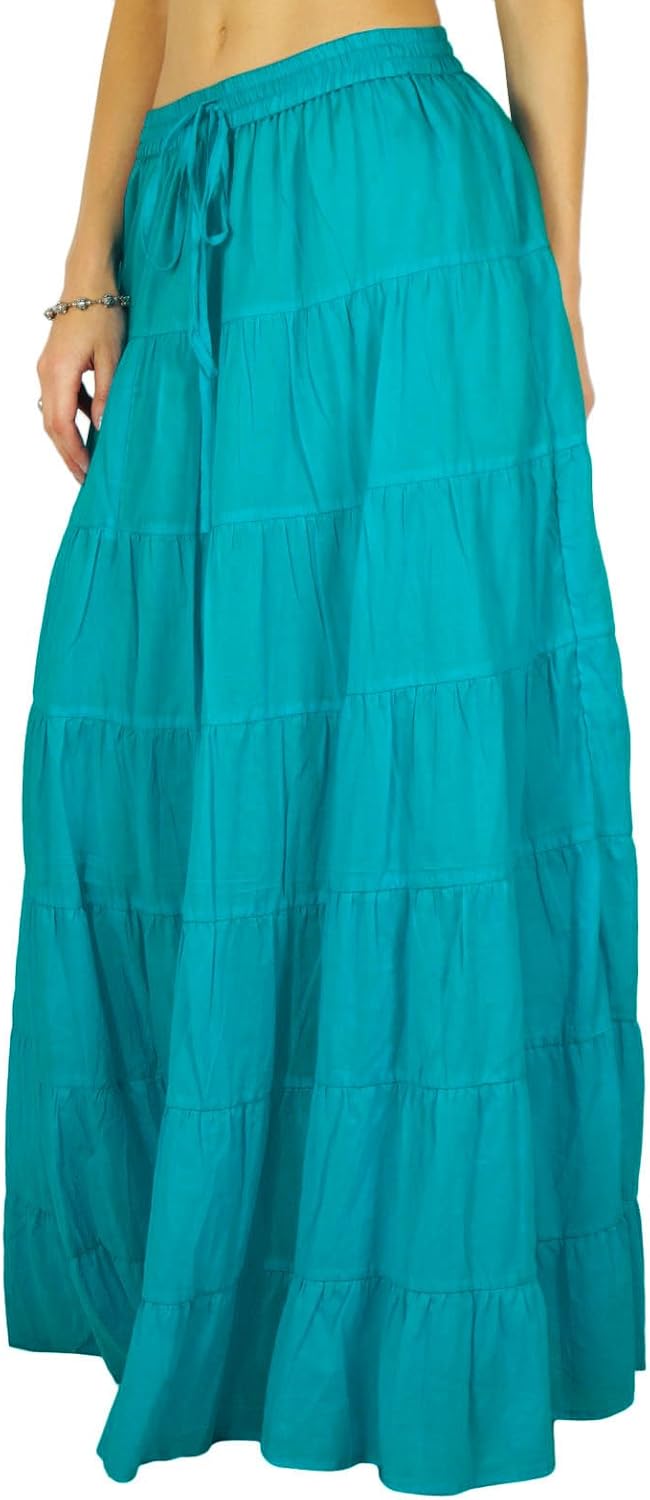 Solid Long Maxi Cotton Beach Wear Skirt For Women Elastic Waist Skirt Summer Wear