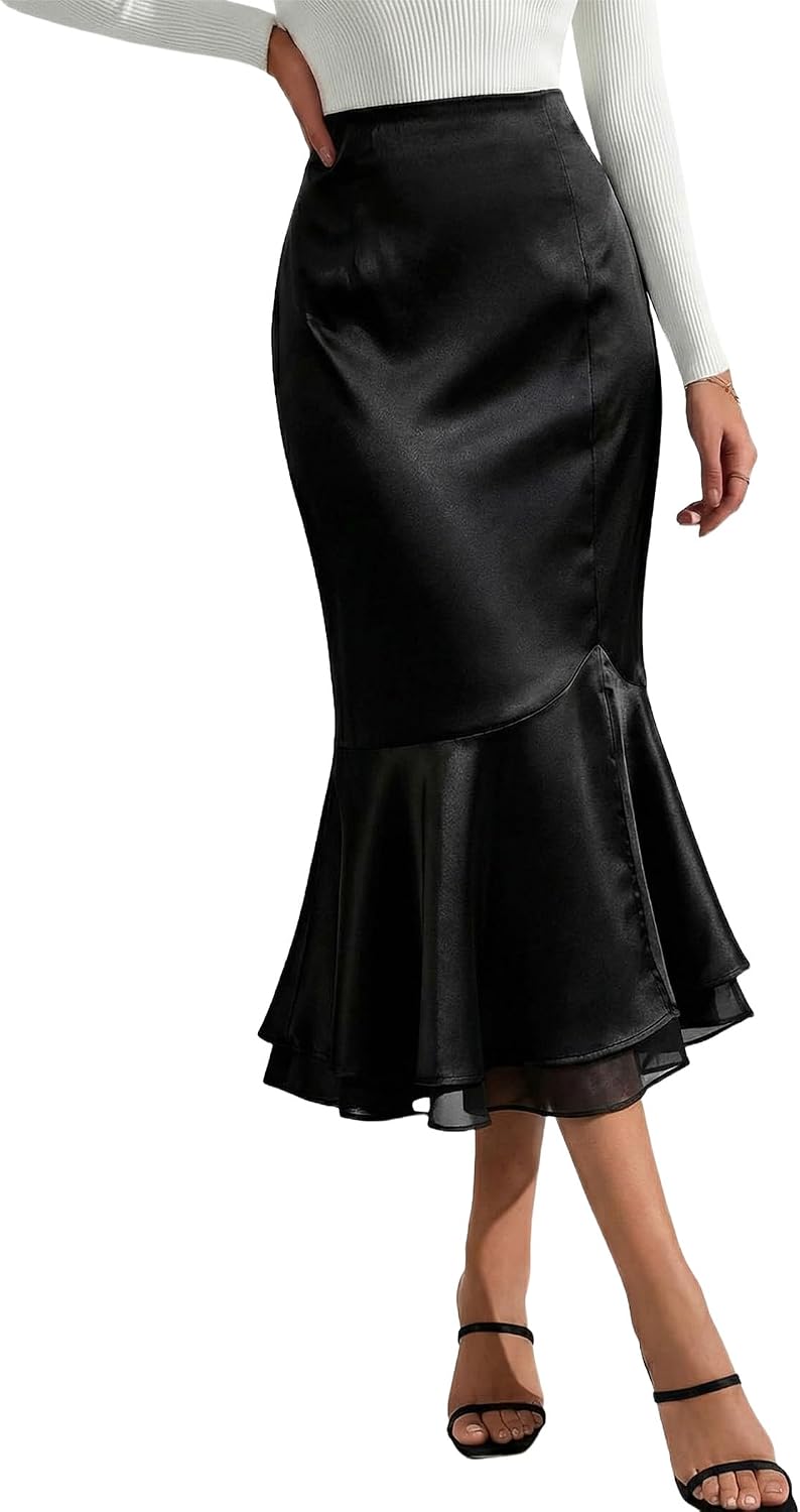 DERAX Womens Satin Silk Mermaid Midi Skirt High Waisted Fishtail Skirts