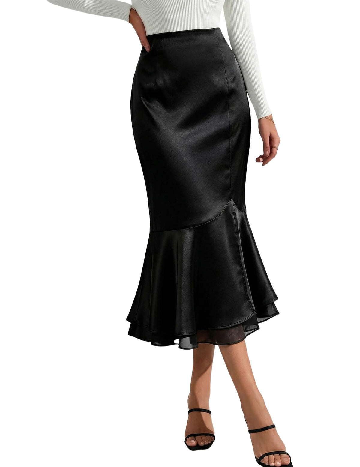 DERAX Womens Satin Silk Mermaid Midi Skirt High Waisted Fishtail Skirts