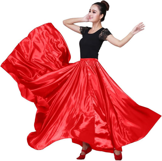 Women 38" Long Satin Full Shiny Maxi Skirt - Perfect for Latin, Belly Dance Performance Cosplay Show Party & Travel