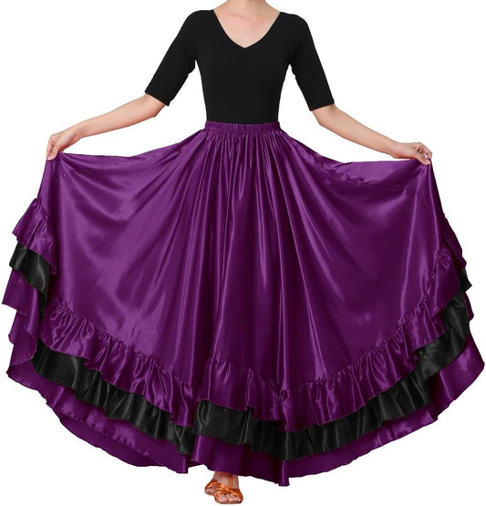 Women Black Red Layers Satin Long Skirt for Spanish Flamenco Belly Dance Mexico Ballet Folklorico Performance