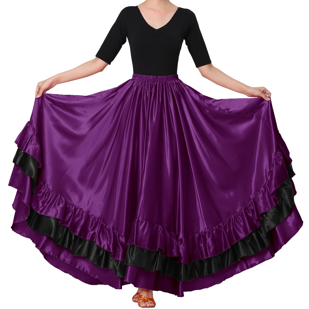 Women Black Red Layers Satin Long Skirt for Spanish Flamenco Belly Dance Mexico Ballet Folklorico Performance