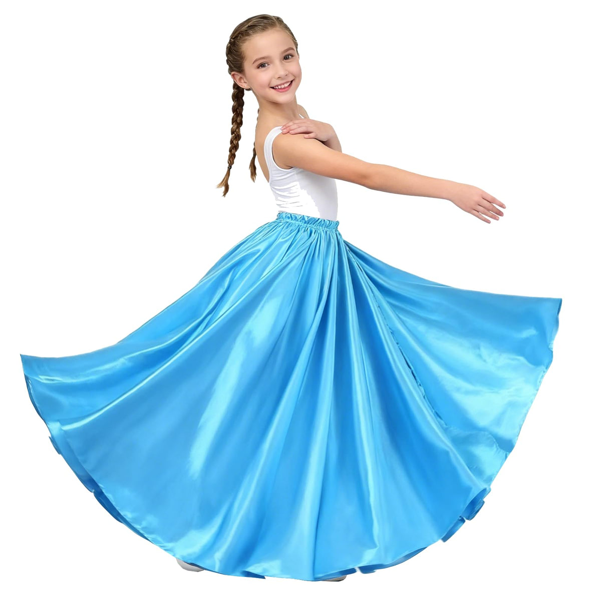 Girls Satin Ankle Length Swing Dance Full Circle Dance Skirt