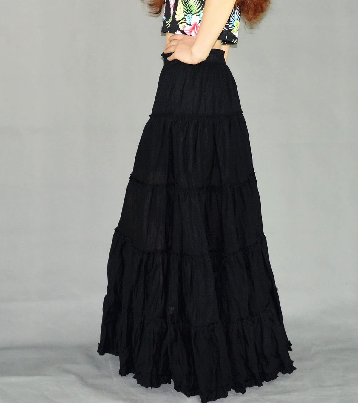 Women's Maxi Skirt Boho Pleated Cotton 5 Tiered Long A-Line Dance Skirts