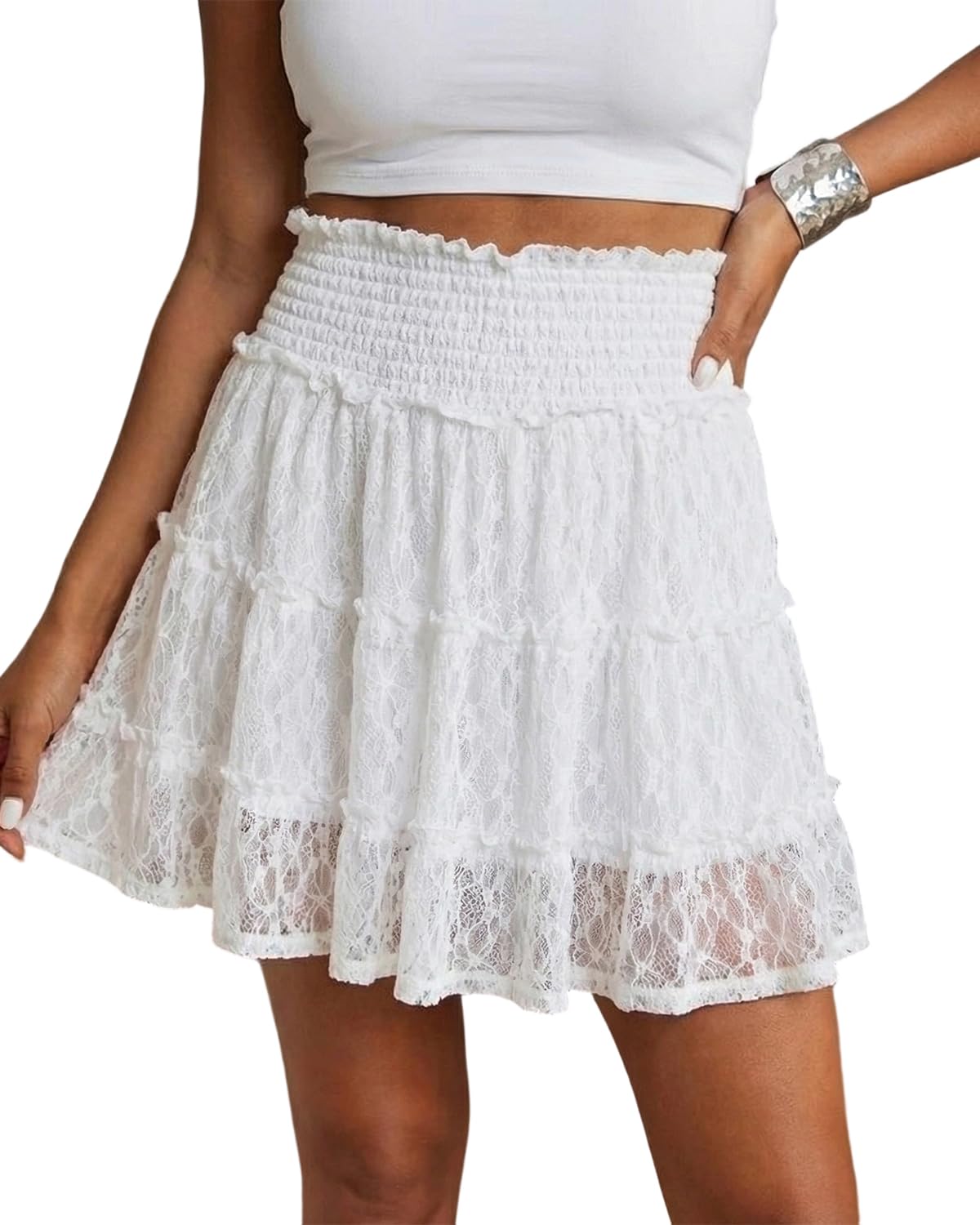 Womens Lace Mini Skirt Skort High Waisted Flowy Skirts with Shorts