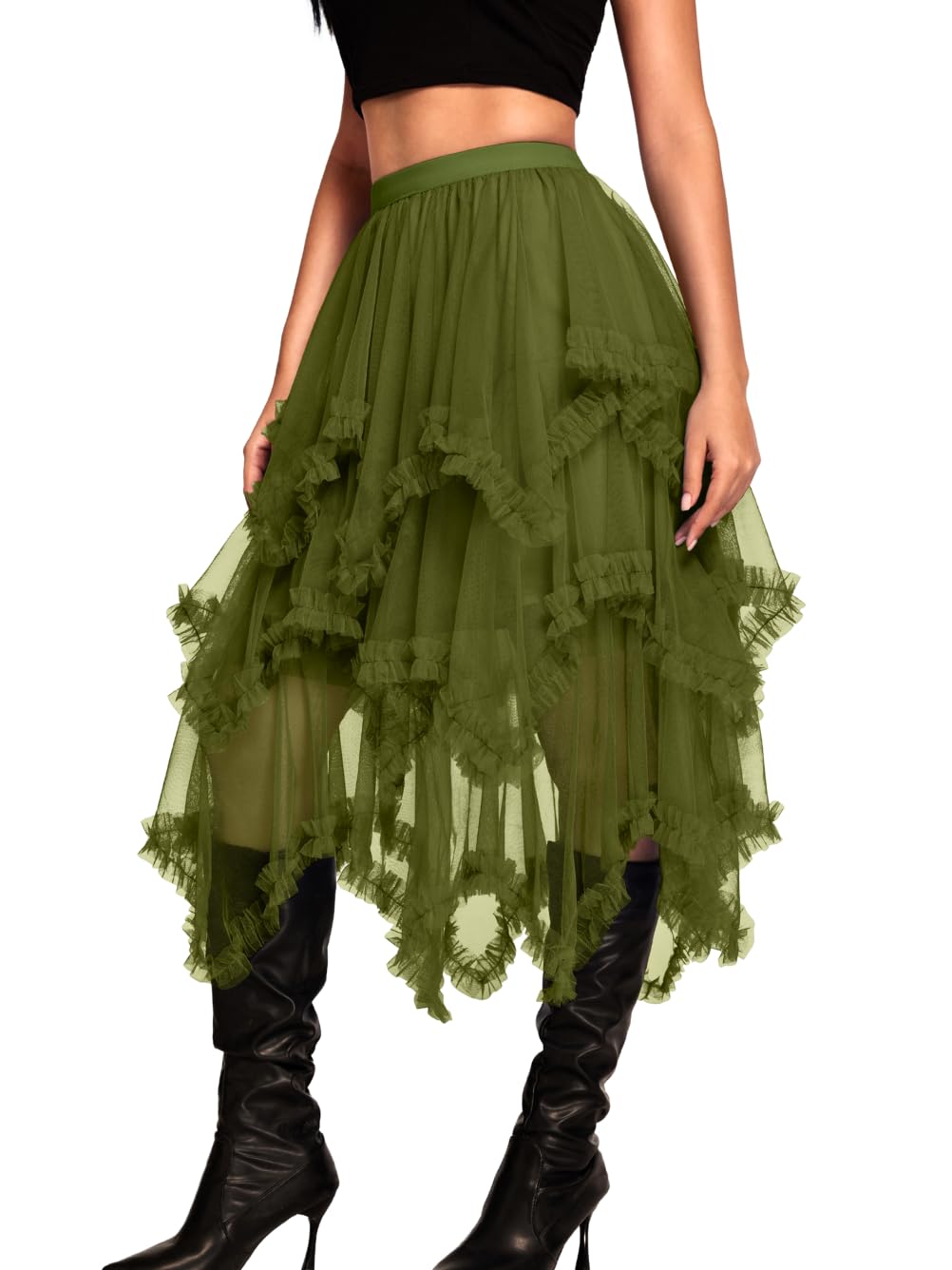 Kaei&Shi Long Tulle Skirt,Asymmetrical Ruffle Hem,Renaissance Fairy Costume