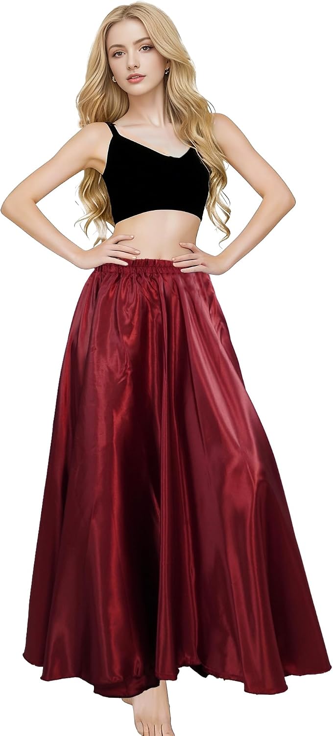 MUNAFIE Women's Maxi Satin Skirt, Long Flowy Belly Dance Skirt for Praise Dance, Fairy Costume, Elastic Waist
