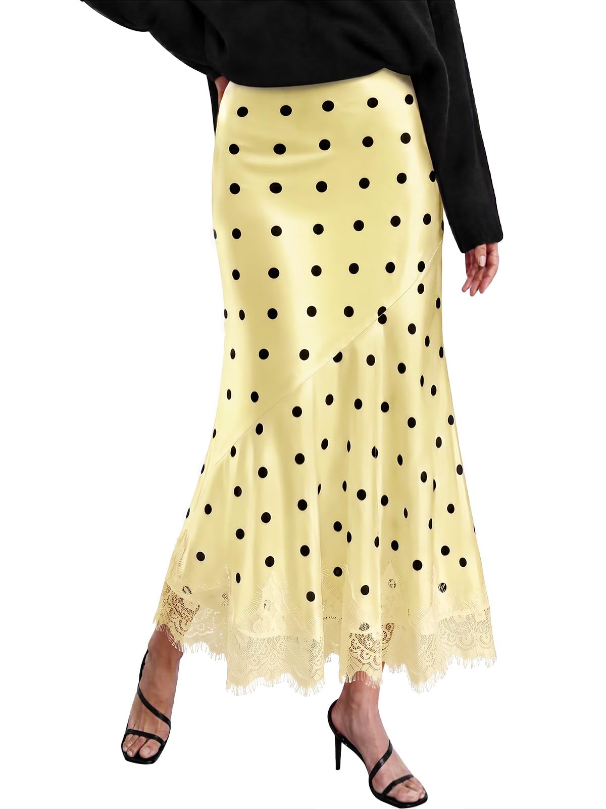 Tankaneo Womens Satin Skirt Polka Dot Silk Lace Trim Mermaid Maxi Skirt