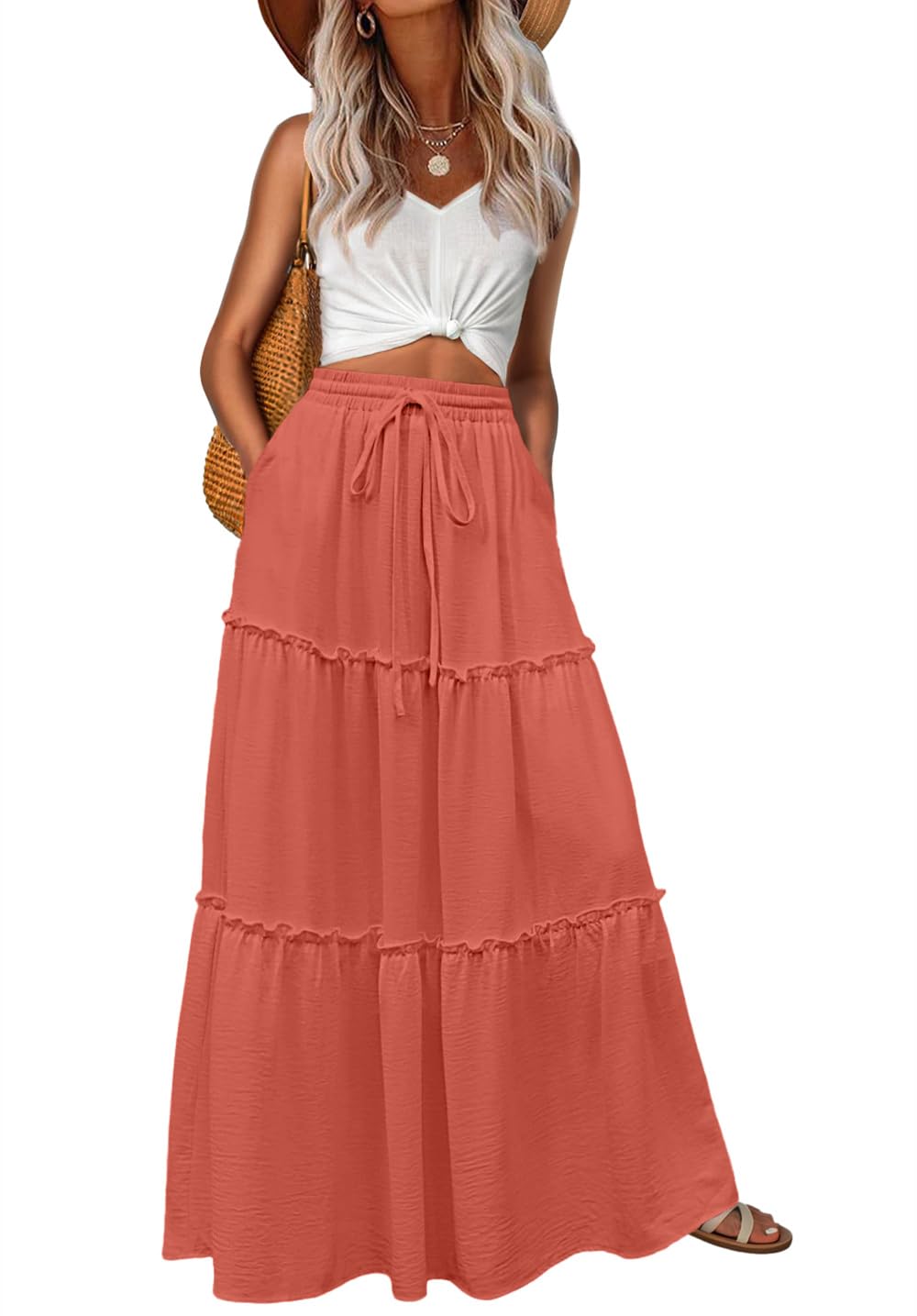 Lepunuo Womens Casual Boho High Waisted Flowy Maxi Skirts Tiered Floral Long Skirts with Pockets for Summer Beach Vacation