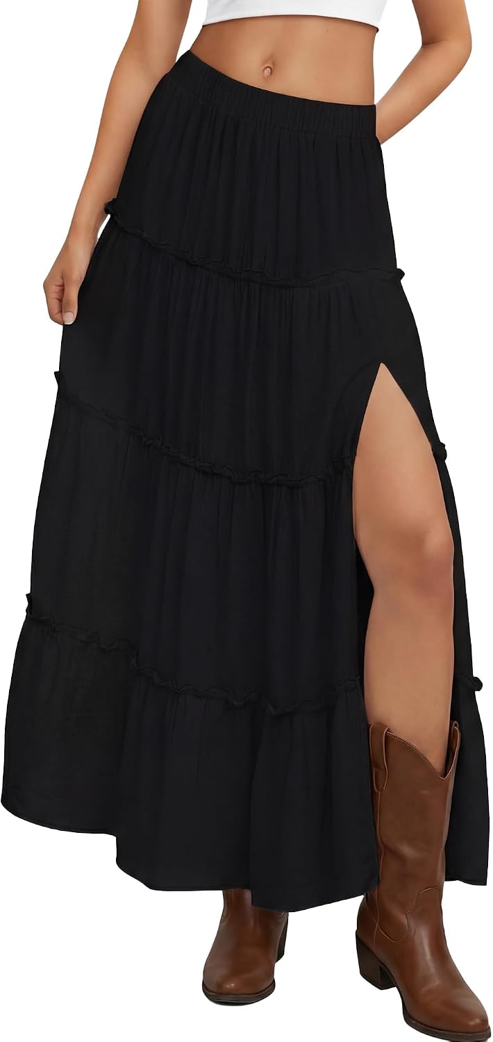 Cutecrop Womens Tiered Maxi Skirt Elastic Waist Flowy Casual Boho Western Skirts Ruffle High Slit Country Cowgirl Long Skirts