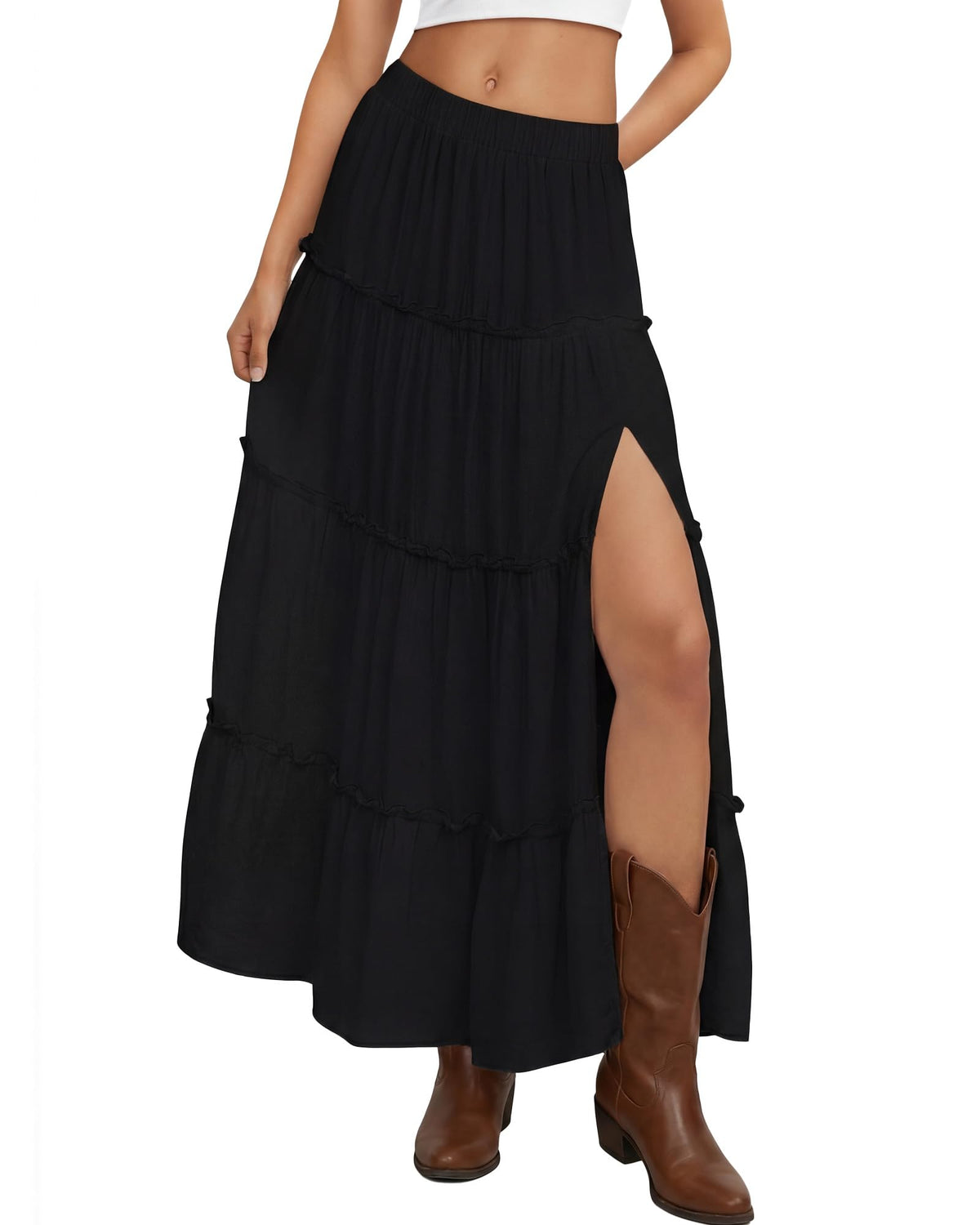 Cutecrop Womens Tiered Maxi Skirt Elastic Waist Flowy Casual Boho Western Skirts Ruffle High Slit Country Cowgirl Long Skirts