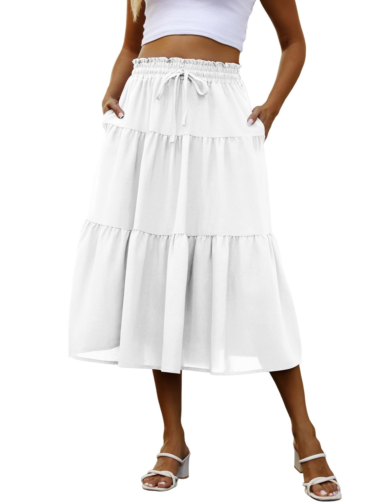 Anbech Womens Boho Midi Skirts A-Line Casual Flowy Elastic High Waist