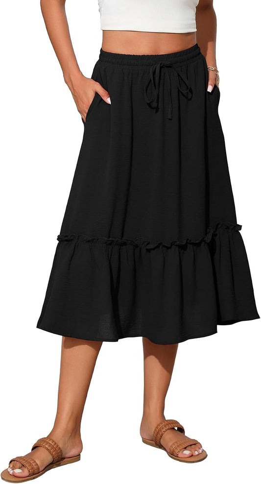 Witsmile Womens High Waist Tiered Midi Skirt Flowy Long Length with Pockets