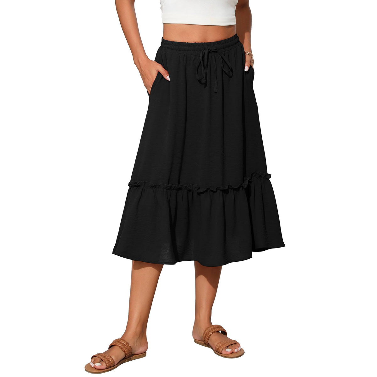 Witsmile Womens High Waist Tiered Midi Skirt Flowy Long Length with Pockets