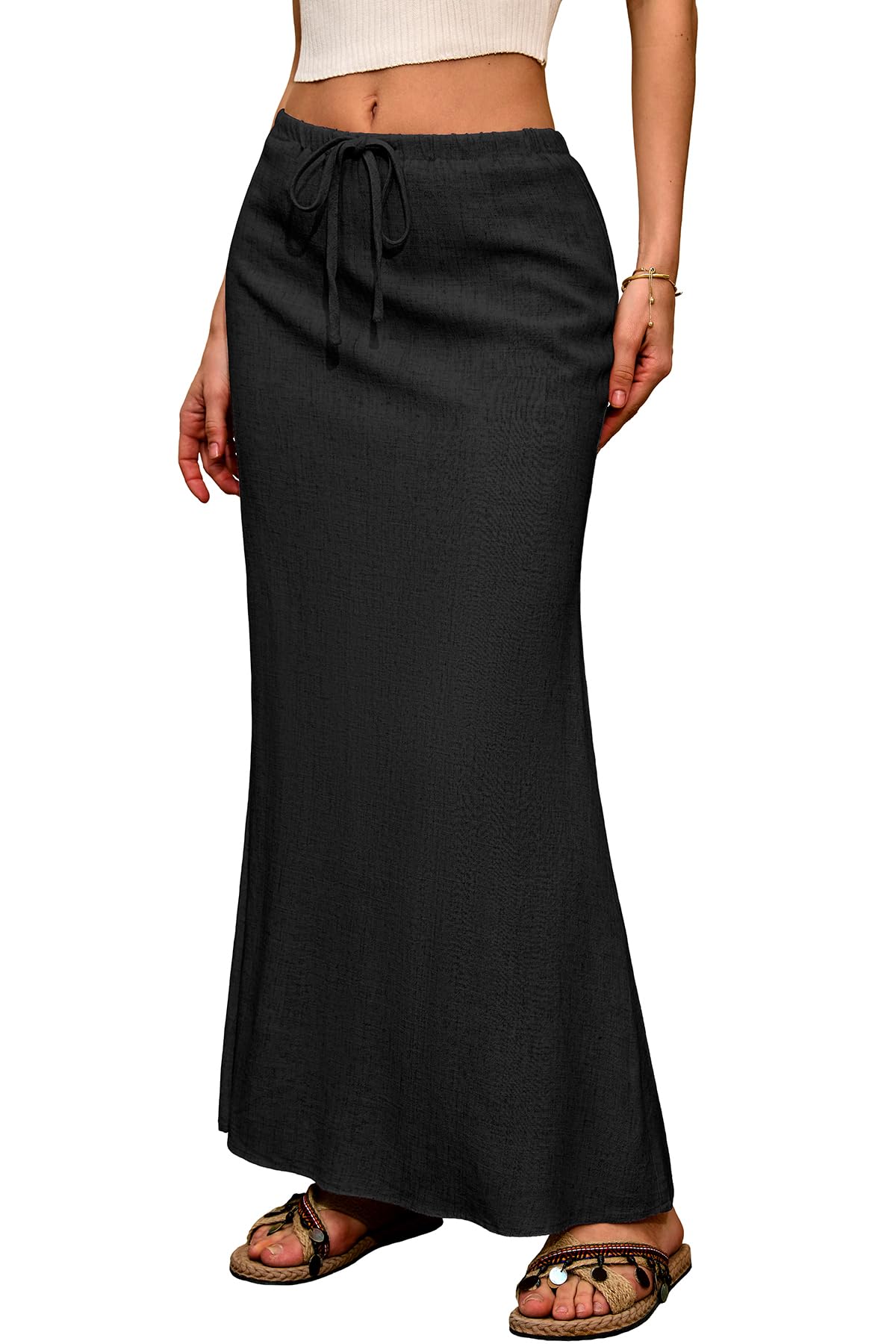 ELLEVEN Linen Flared Maxi Skirt, Boho Flowy Ankle-Length Skirts for Women