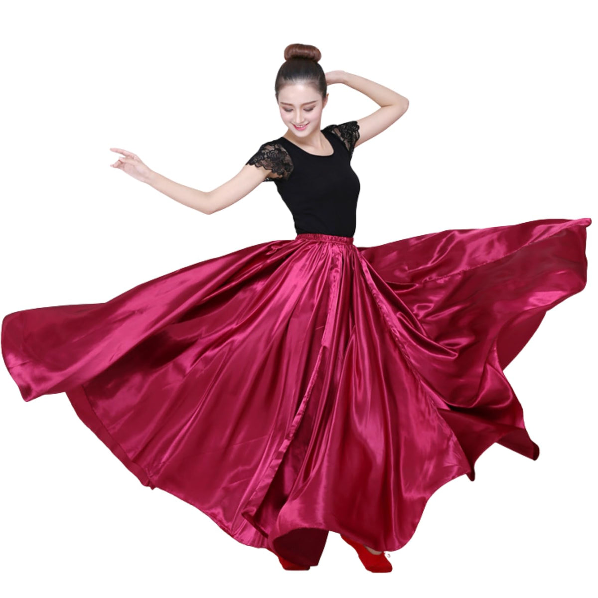 Dance Skirts for Women Satin Full Circle Ankle Length Swing Long Skirt Women Maxi Shiny Skirt for Party Costume Belly Dance