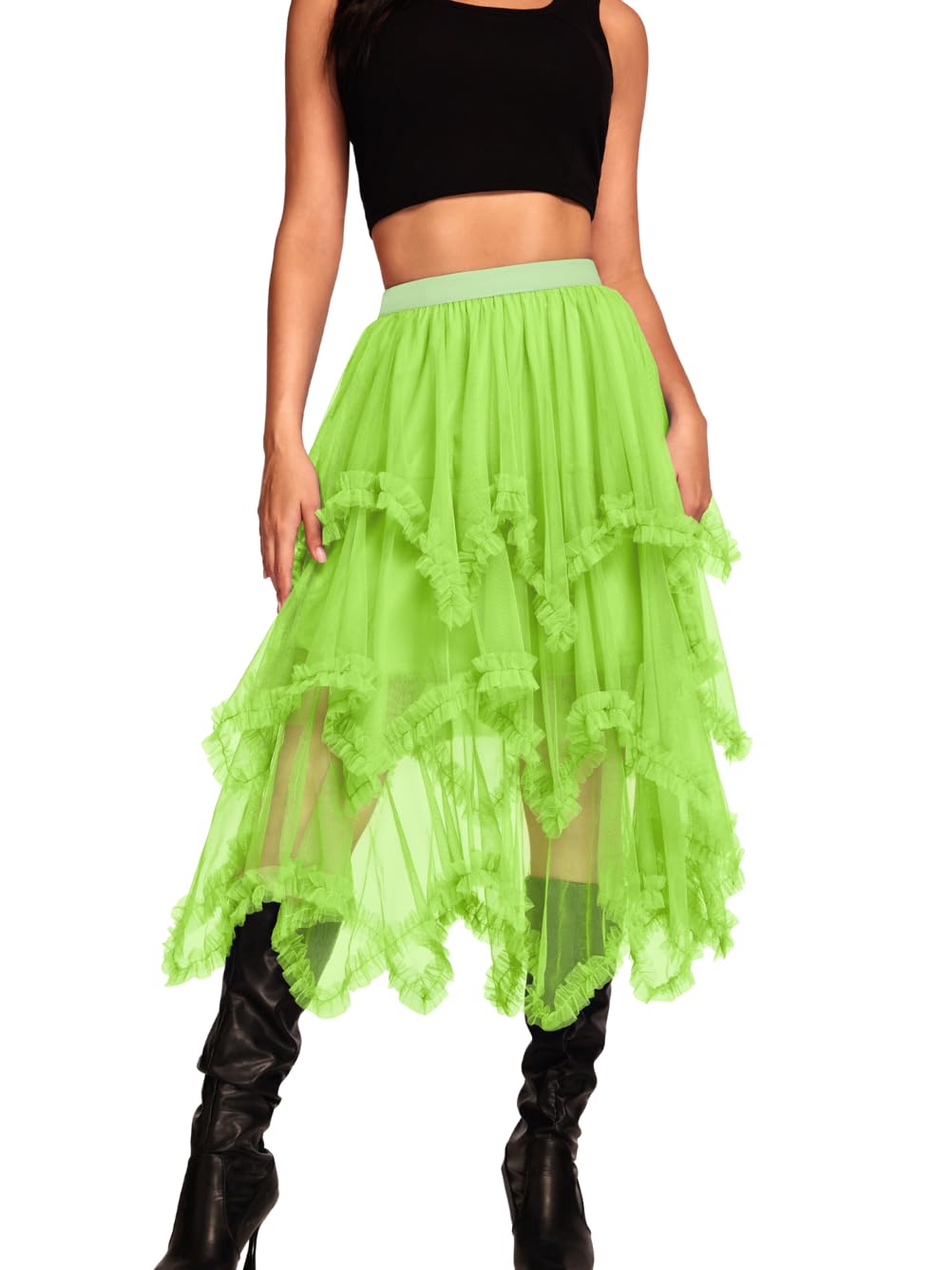 Kaei&Shi Long Tulle Skirt,Asymmetrical Ruffle Hem,Renaissance Fairy Costume