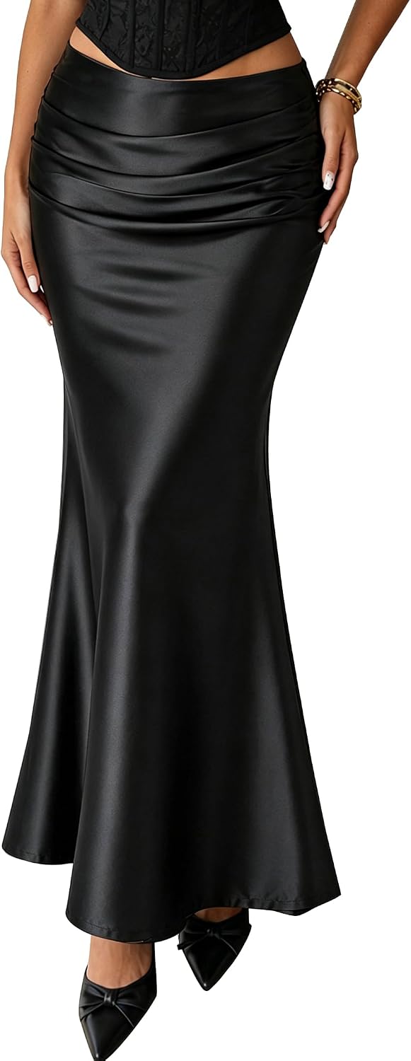 Avanova Women Satin Mermaid Maxi Skirt Ruched Waist with Side Zipper