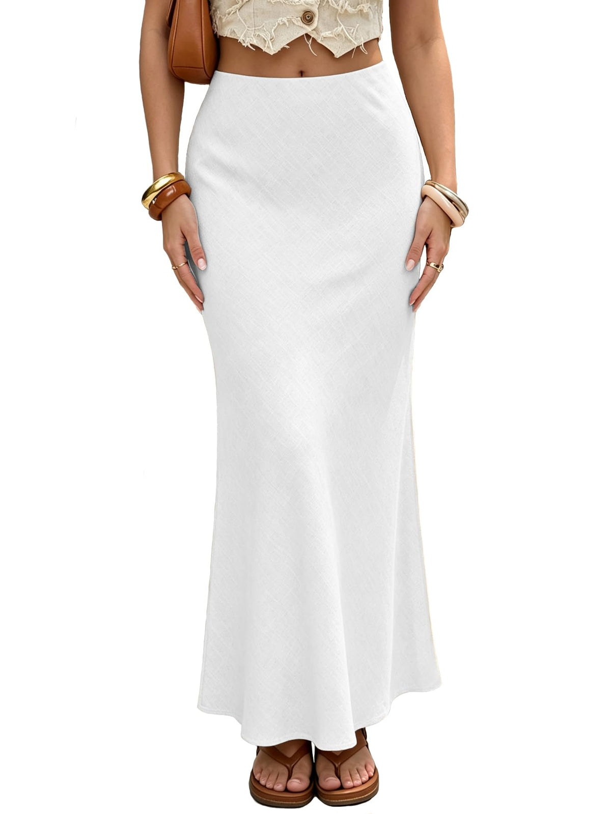 Linen Maxi Skirts Elastic Waist Flared 2026 Spring Summer White Long Linen Skirts for Women Ankle-Length Skirt