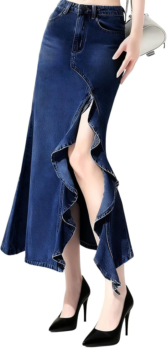 utcoco Women's Sexy Slit Denim Skirt Elegant Ruffle Fishtail Skirt Stretch High Waist Jean Skirts