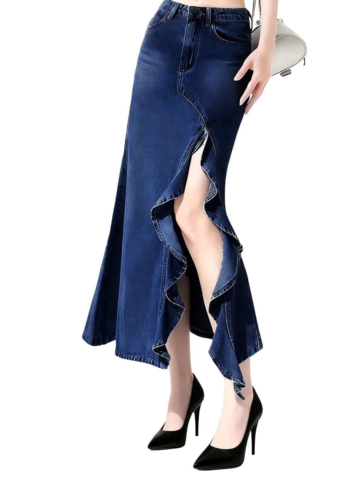 utcoco Women's Sexy Slit Denim Skirt Elegant Ruffle Fishtail Skirt Stretch High Waist Jean Skirts