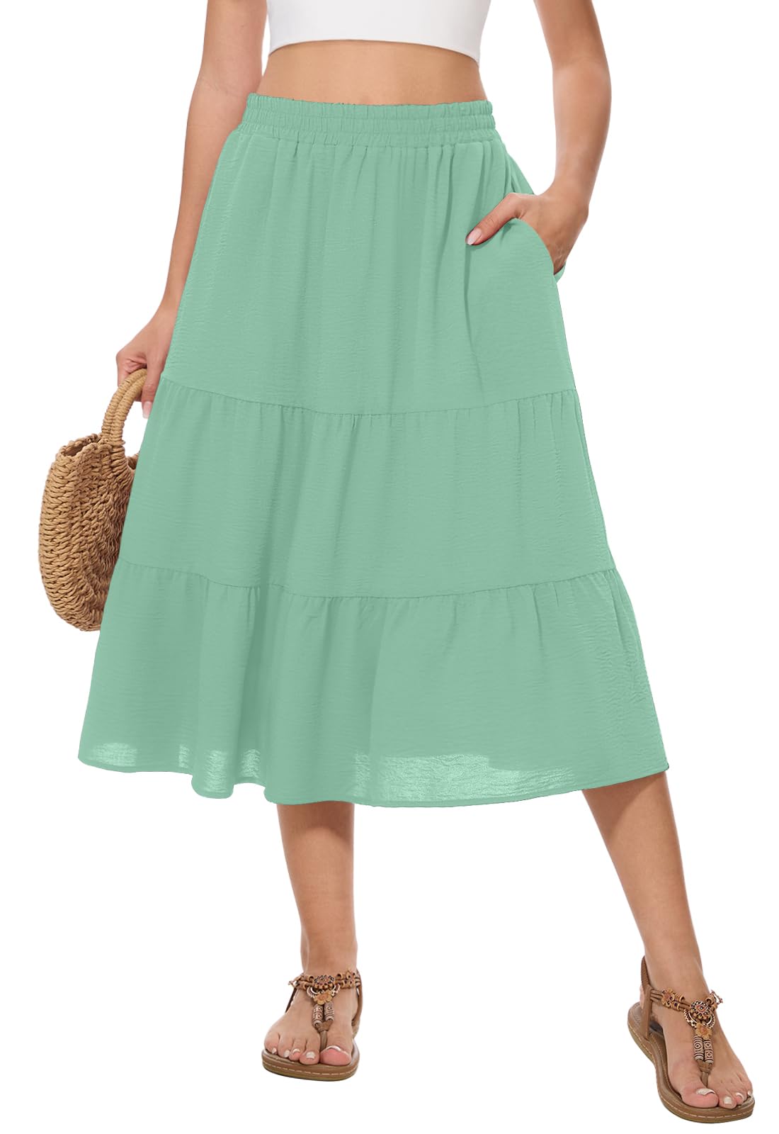 Women's Summer Midi Tiered Flowy High Waist A-Line Casual Skirts