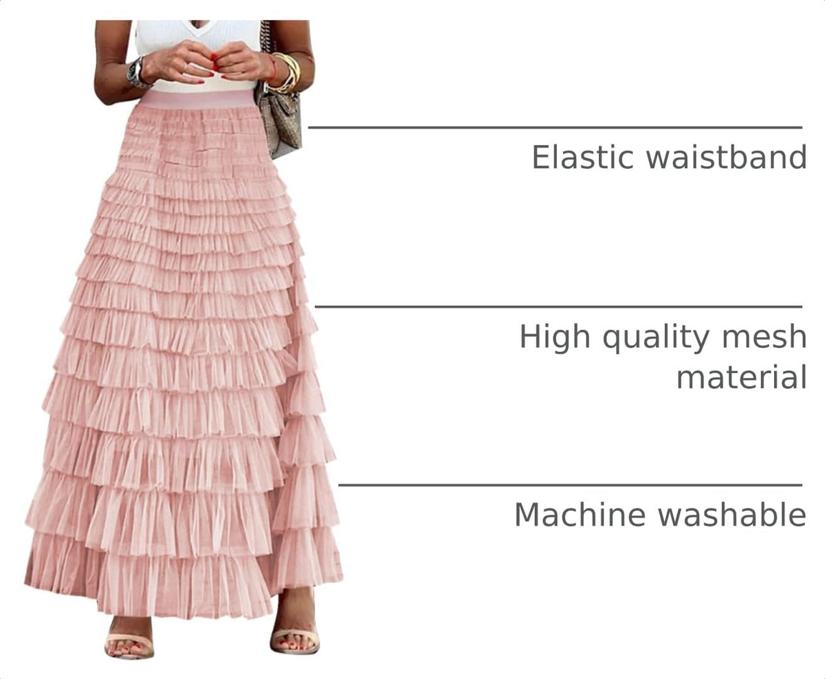 Flygo Women Long Maxi Tiered Tulle Skirts A Line Ruffle Layered Fairy Skirt