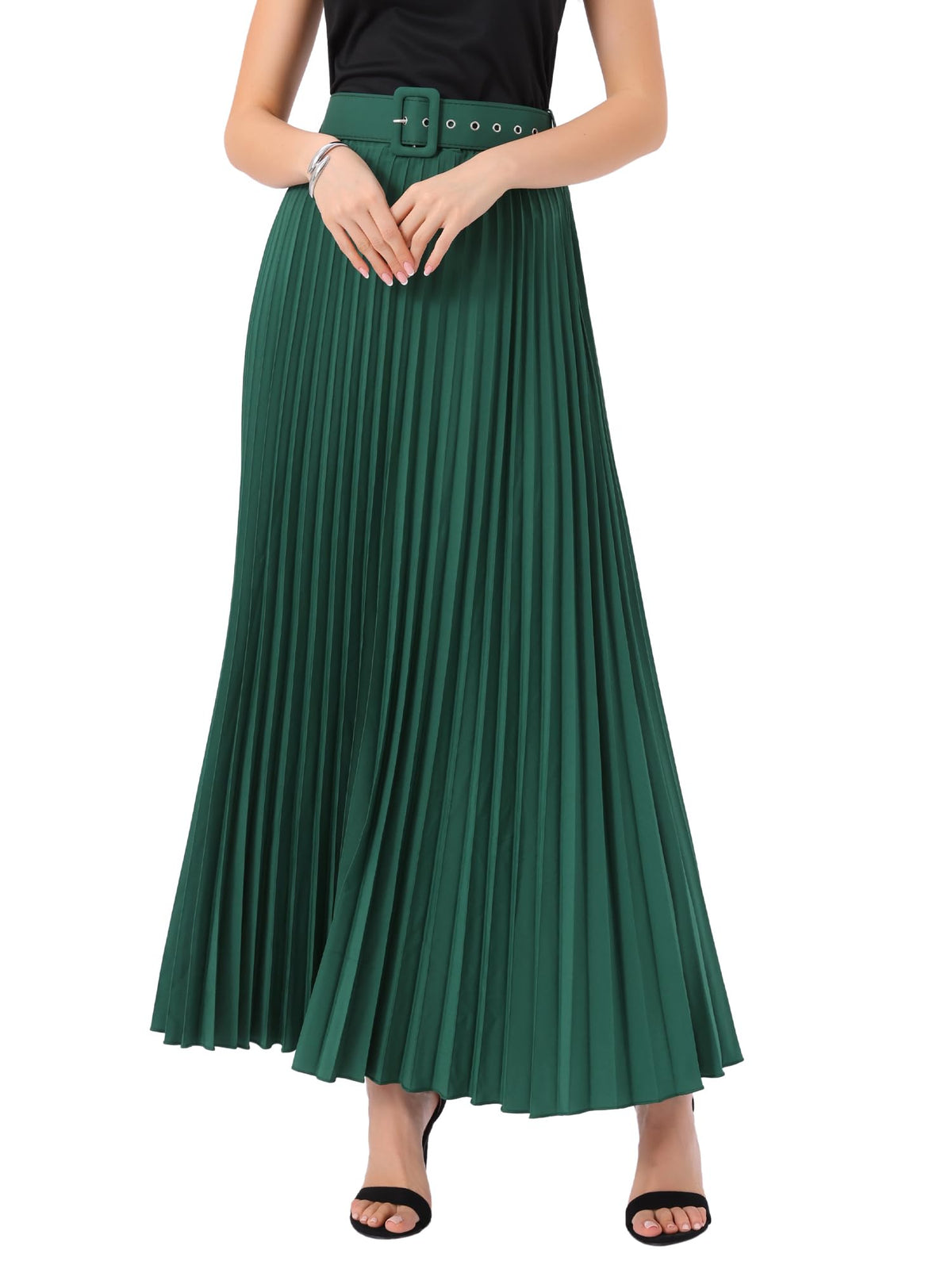 Allegra K Women High Waist Elastic Flowy A-Line Maxi Pleated Skirt
