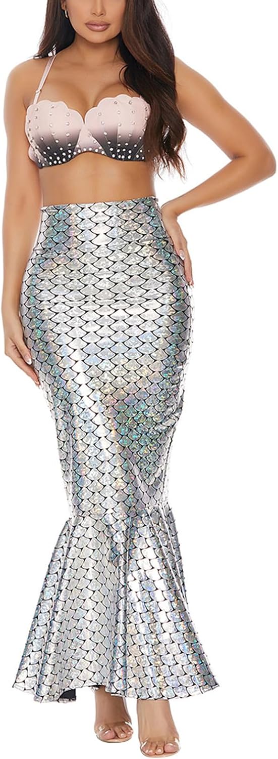 Women's Halloween Mermaid Costume Skirt Sexy High Waisted Fish Tail Skirt Cosplay Fancy Sequins Fishtail Long Skirt
