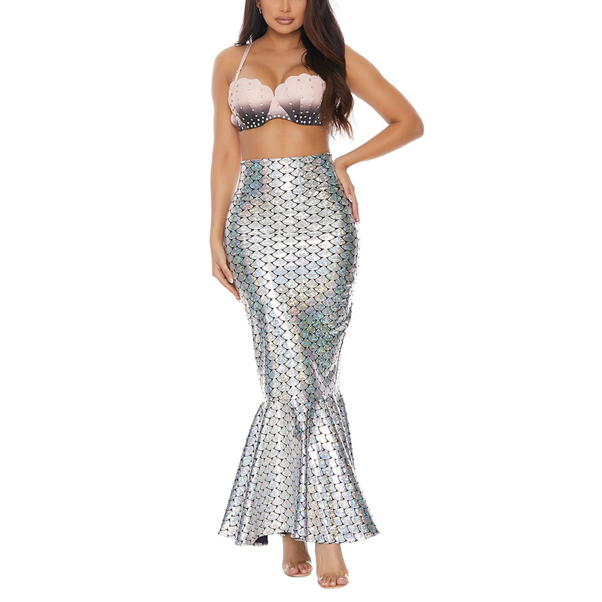 Women's Halloween Mermaid Costume Skirt Sexy High Waisted Fish Tail Skirt Cosplay Fancy Sequins Fishtail Long Skirt