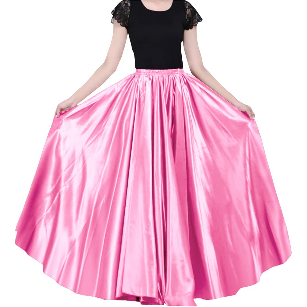 Ladies 90cm Satin Maxi Midi Skirt Long Dress Elastic Waist for Belly Dance Princess Party Cosplay Costume