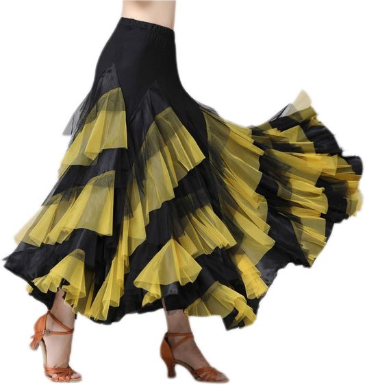 CISMARK Elegant Ballroom Latin Dance Party Long Swing Tiered Skirt for Women