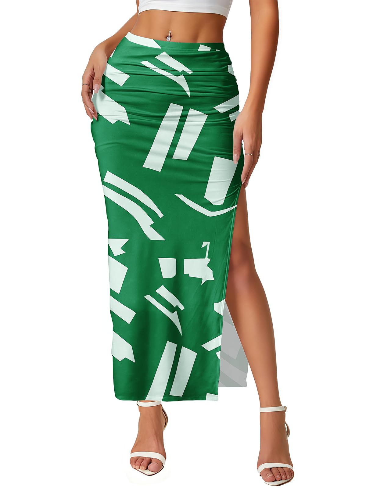 Women's Maxi Skirt Ruched Side Slit Thigh Elegant Bodycon Pencil Skirts