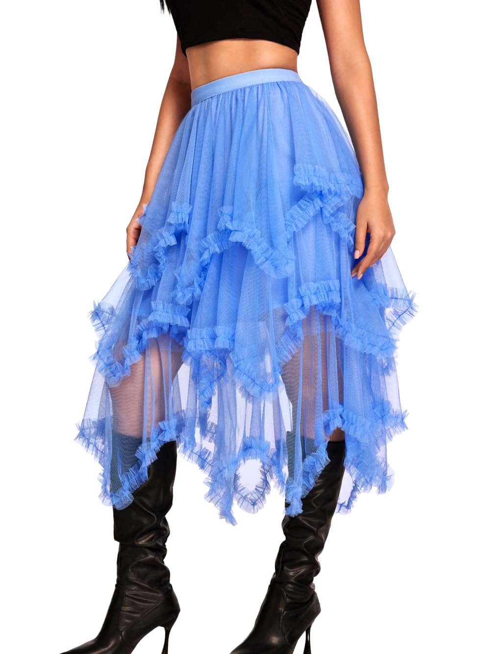Kaei&Shi Long Tulle Skirt,Asymmetrical Ruffle Hem,Renaissance Fairy Costume