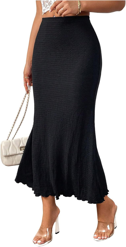 WDIRARA Women's High Waisted Fishtail Skirt Textured Ruffle Bodycon Long Skirts