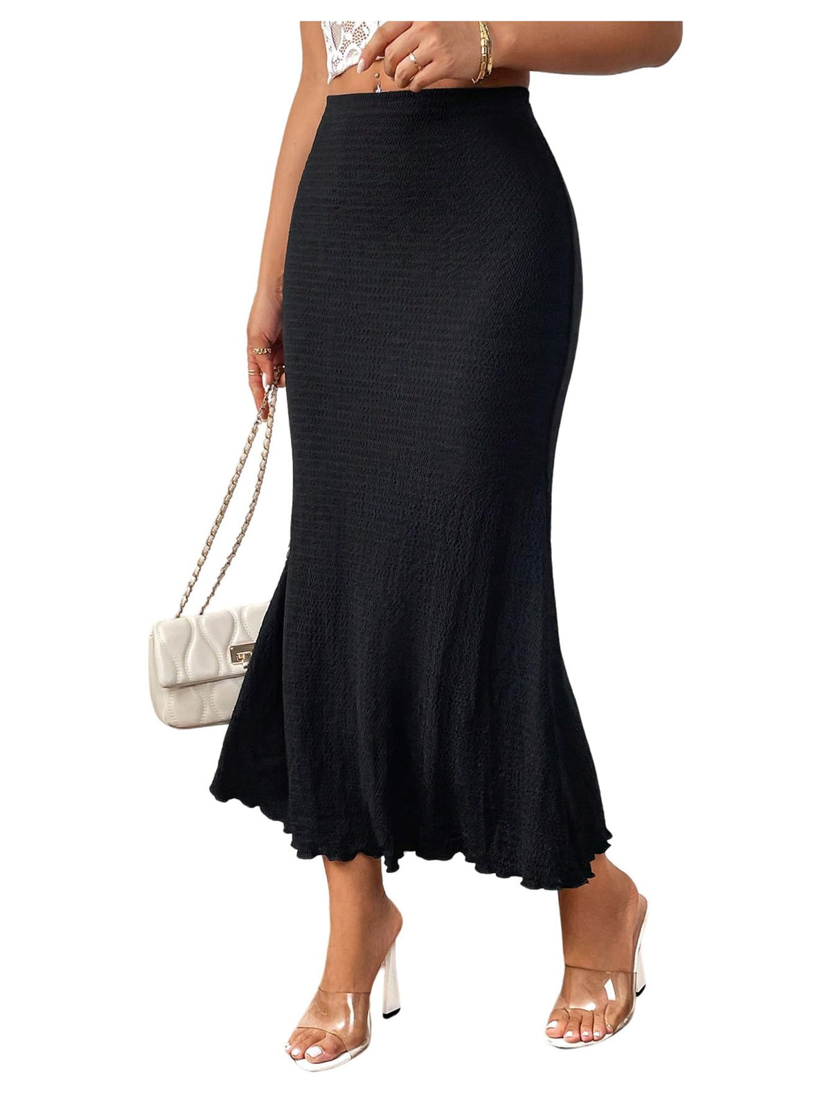 WDIRARA Women's High Waisted Fishtail Skirt Textured Ruffle Bodycon Long Skirts