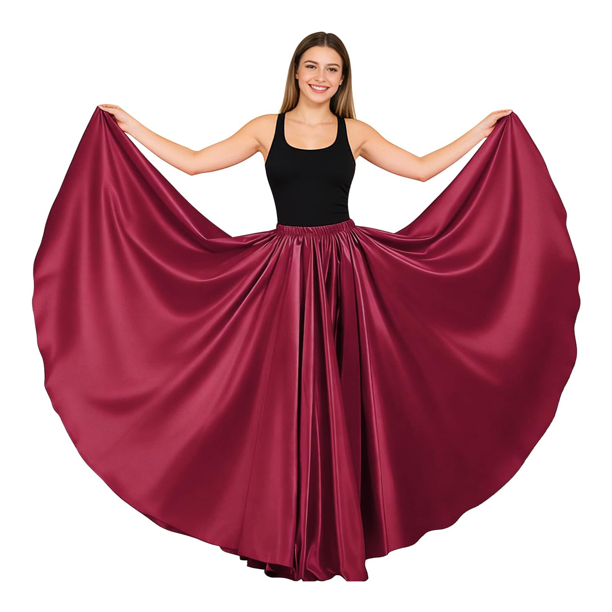 Women Satin Full Circle Ankle Length Swing Long Skirt Maxi Shiny Skirt for Party Cosplay Belly Dance Performance Costume