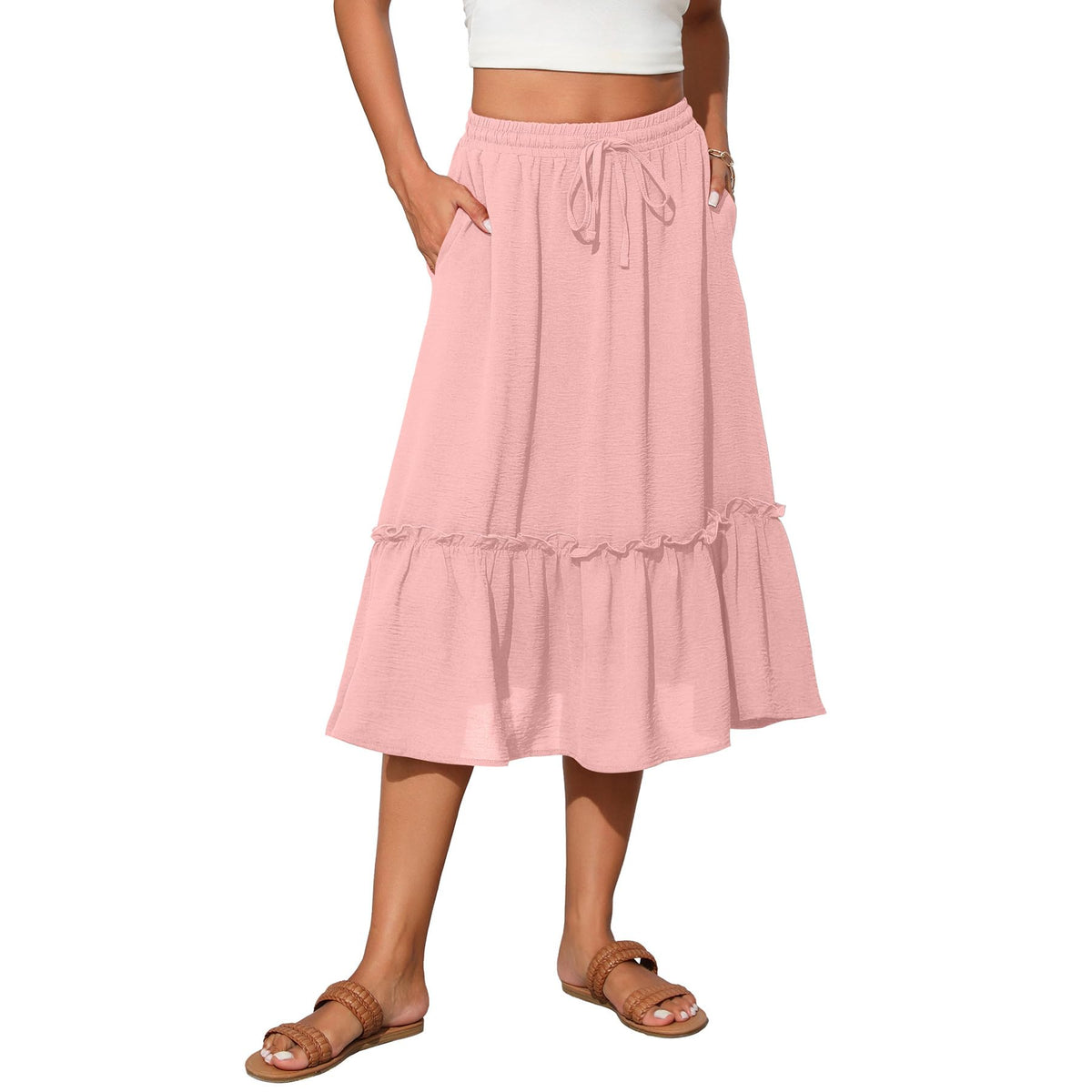 Witsmile Womens High Waist Tiered Midi Skirt Flowy Long Length with Pockets