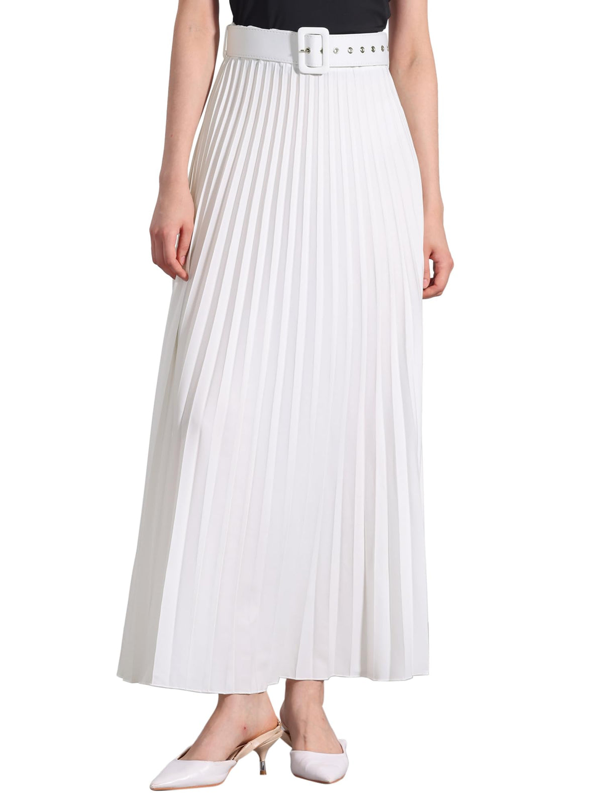 Allegra K Women High Waist Elastic Flowy A-Line Maxi Pleated Skirt