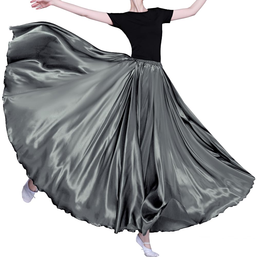 Women Long Tulle Shiny Satin Maxi Flowy Dance Skirt