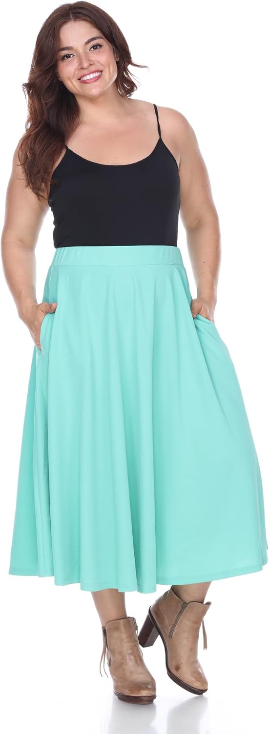 White Women's Plus Size Flared Midi Skirt with Pockets