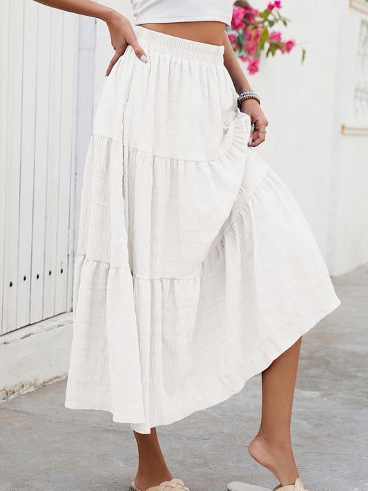HUSKARY Women's Summer Casual Elegant Smock Layered Tiered Maxi Skirt High Waisted A Line Flowy Long Skirts with Pockets